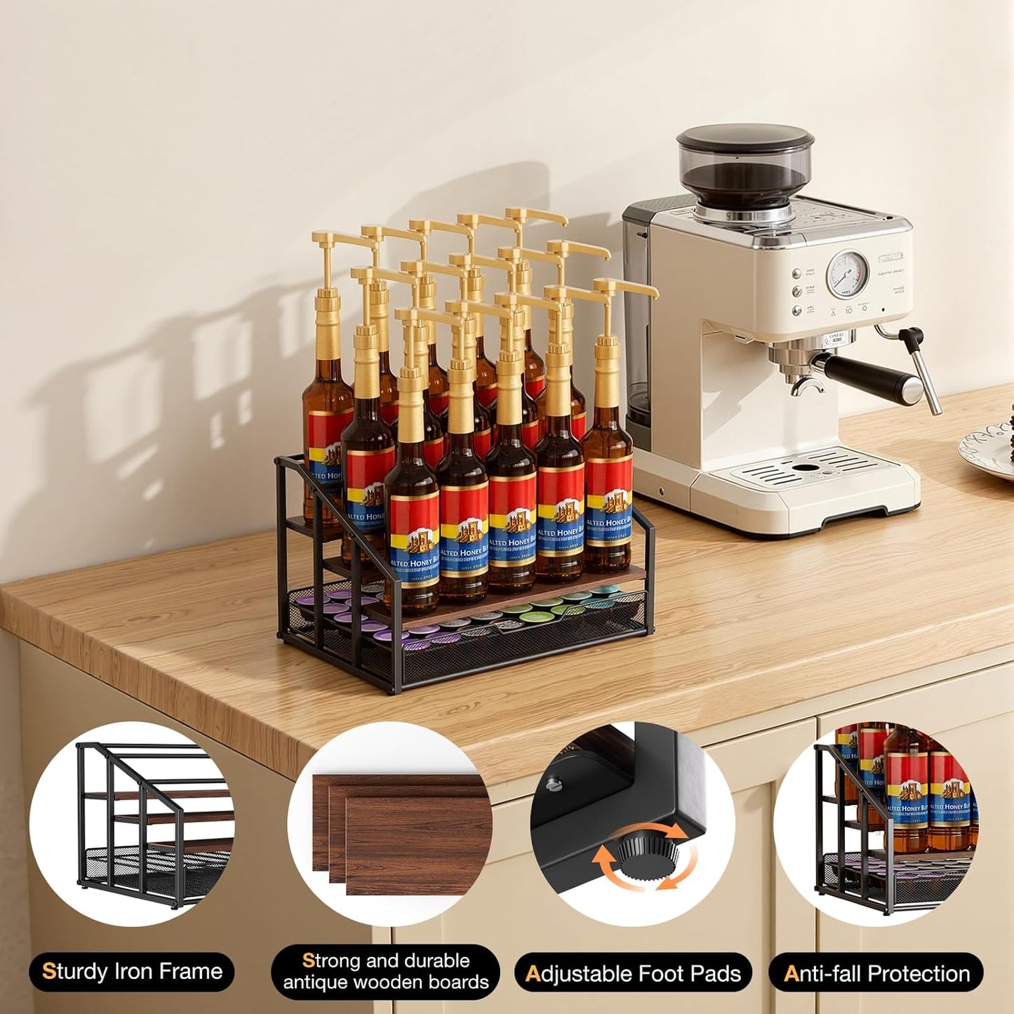 Coffee Syrup Rack Organizer, 4-Tier 12 Bottle Syrup Rack with 35 K Cup Drawer for Coffee Bar, Countertop Bottle Holder Stand for Dressing for Kitchen Cafe Station