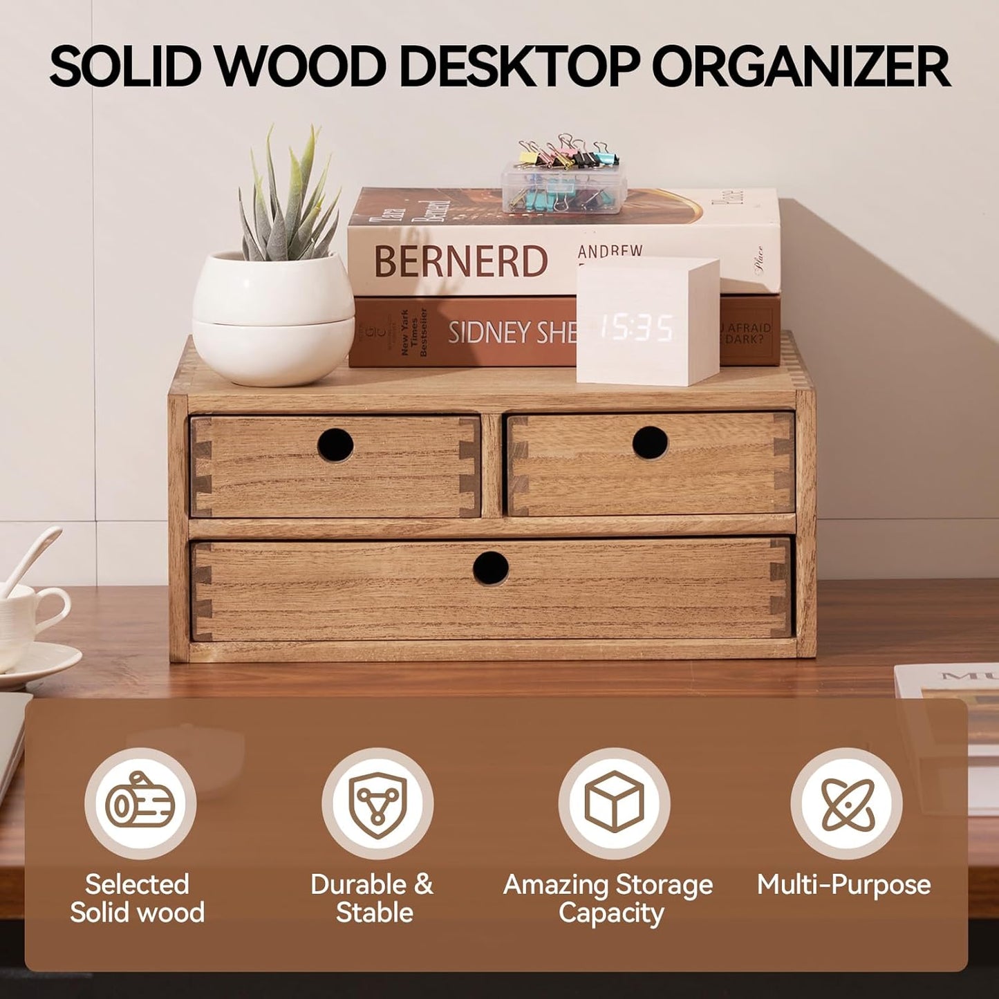 Kirigen Wooden Desktop Organizer - Office Supplies Filing Tidy Storage Shelf - Storage Cabinet/Jewelry Organizer with 3 Drawers(BR, 2-Layer &3 Drawers)