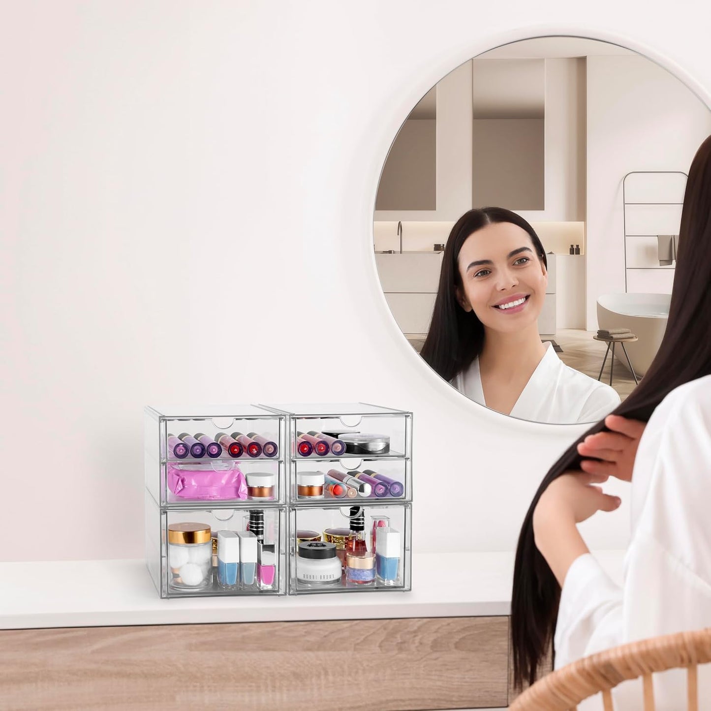 Sorbus Makeup Organizer With 6 Drawers, Acrylic Drawer Organizer for Makeup, Office Organization and Storage, Art Supplies, Jewelry, Stationary - 4 Pcs Clear Stackable Storage Bins Organizer Drawers