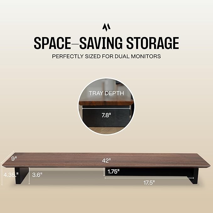 Solid Wood Dual Monitor Stand Riser – 43" Walnut Desk Shelf for 2 Monitors with Tray & Wool Felt, Organizer for Desktop, Laptop and Office (Solid Walnut)