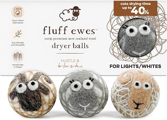 Hustle & Blush Fluff Ewes Wool Dryer Balls 3 Pack - XL Lights Premium New Zealand Laundry Set, Reduces Drying Time, Static Control, Chemical Free, Ideal Holiday Gifts for Women & Men