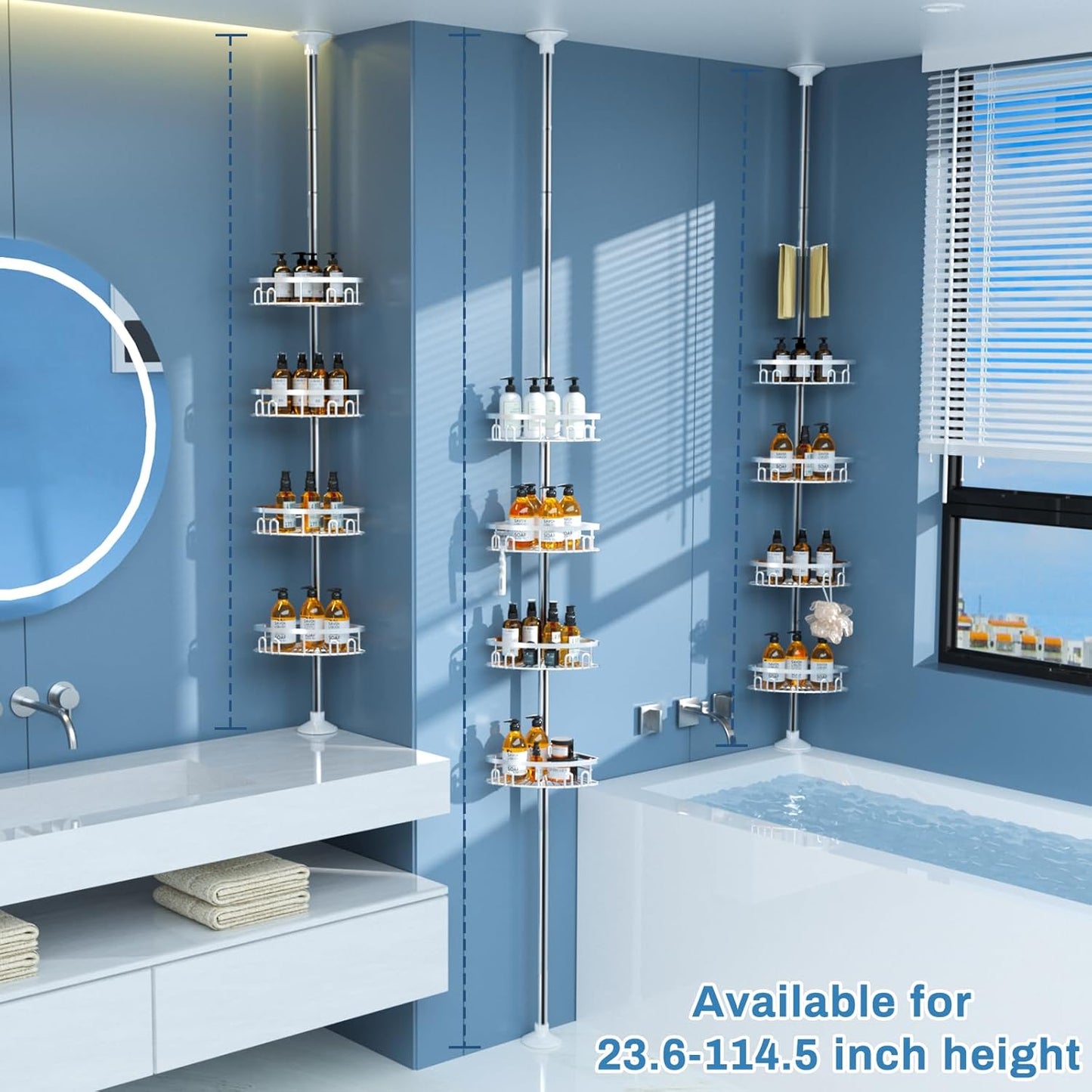 Rustproof Shower Corner Caddy Shelf for Bathroom Tension Pole Organizer with 4 Baskets for Bathtub Shampoo Storage from 23.6 to 114.5 Inch with Towel Bar (Silver)