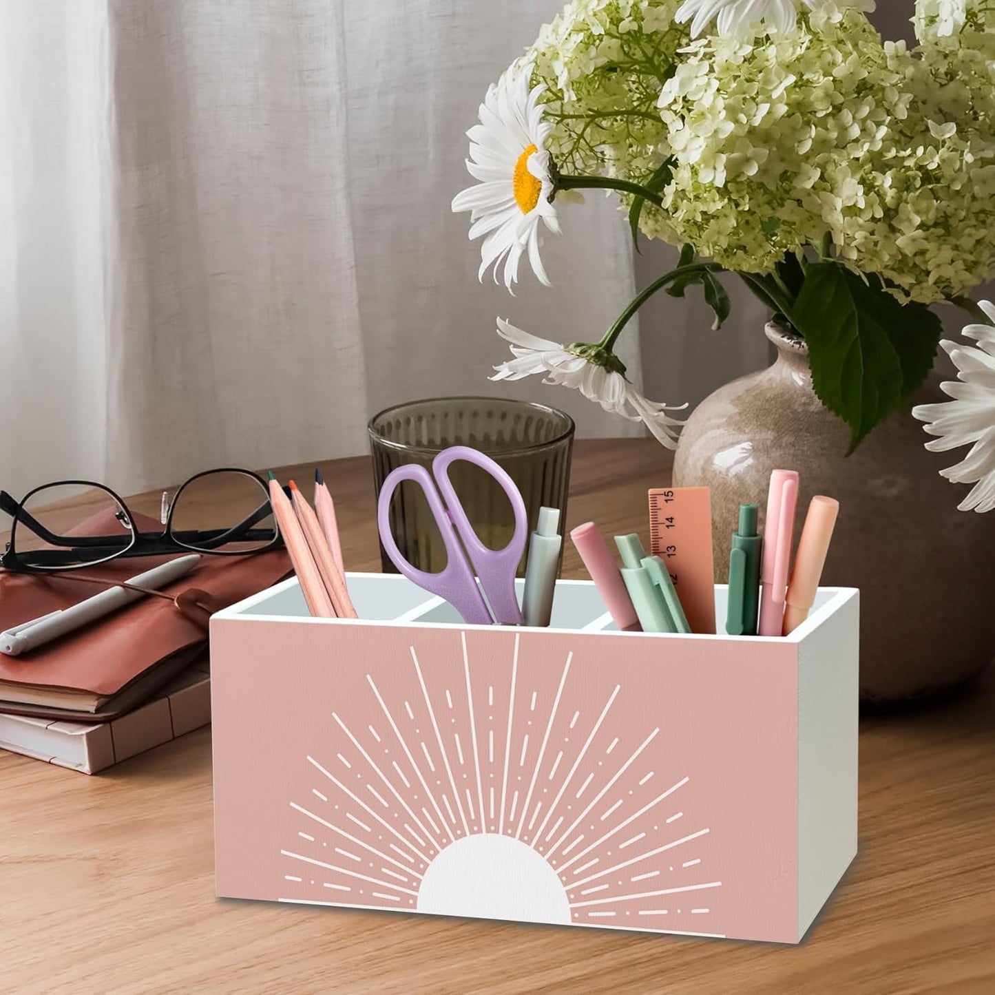 DILSJ Pink Boho Abstract Sunshine Pen Pencil Holder Organizer for Desk, Boho Office Decor, Pink Mid Century Modern Minimalist Sun Sunshine Wooden Box Signs for Home Office Desk Tabletop Decoration