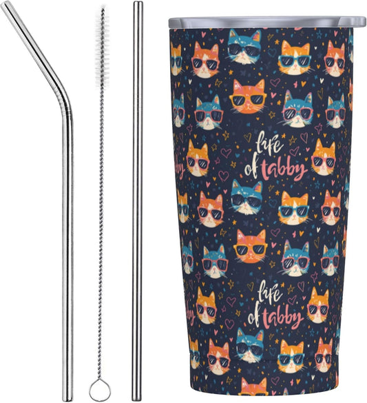 Cat Tumbler with Lid and Straw 20oz Insulated Reusable Stainless Steel Travel Mug Double Wall Vacuum Coffee Cup for Hot Cold Drinks Leak-Proof Portable Cups for Women Men Gifts