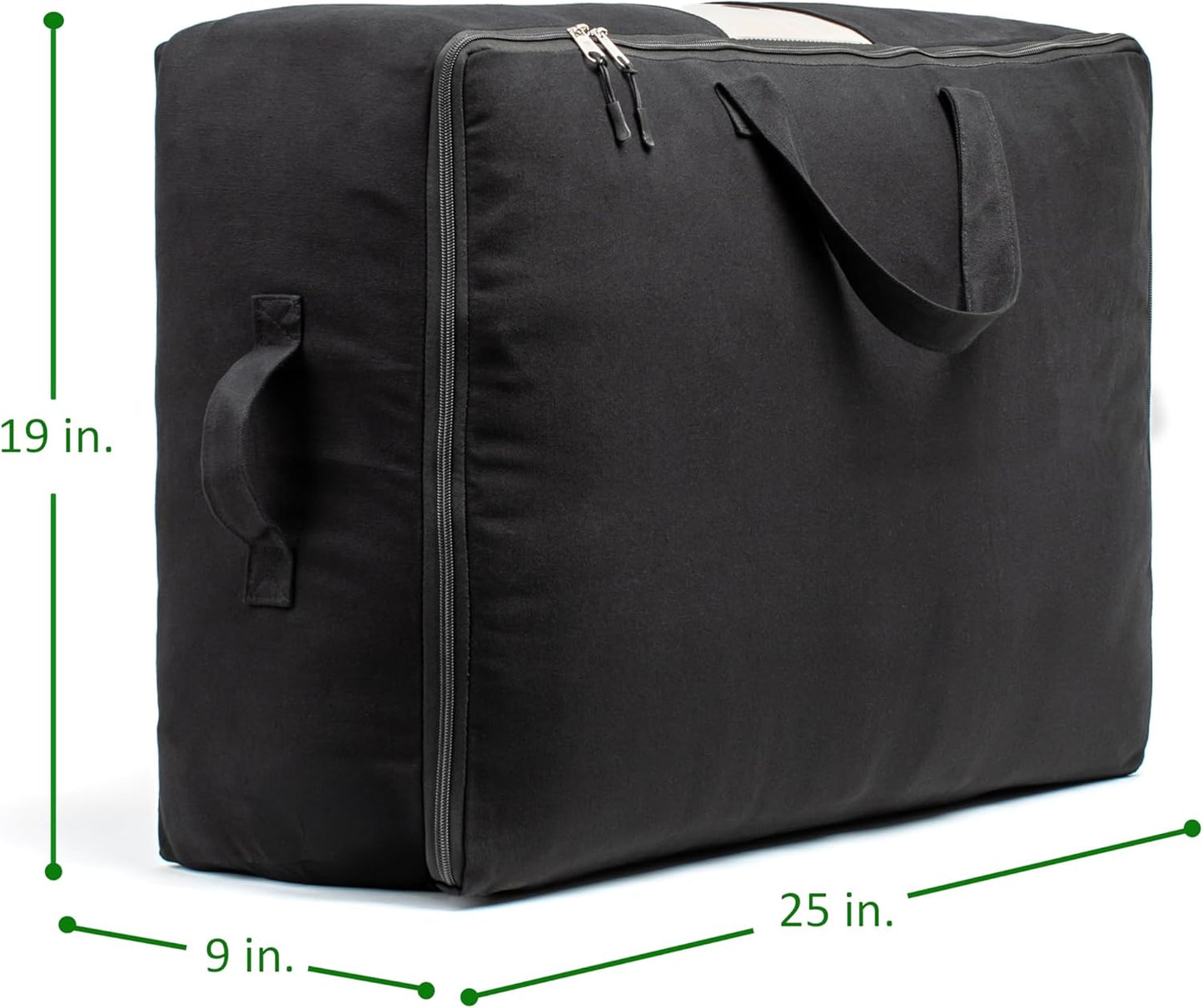 Soft Canvas Storage Bags with Zipper. Thick Breathable, 1pc King/Queen Comforter Organizer. Four Carrying Handles and Window. Large 25x19x9in Bag for Sheets Blankets Bedding Pillows, Clothes (Black)