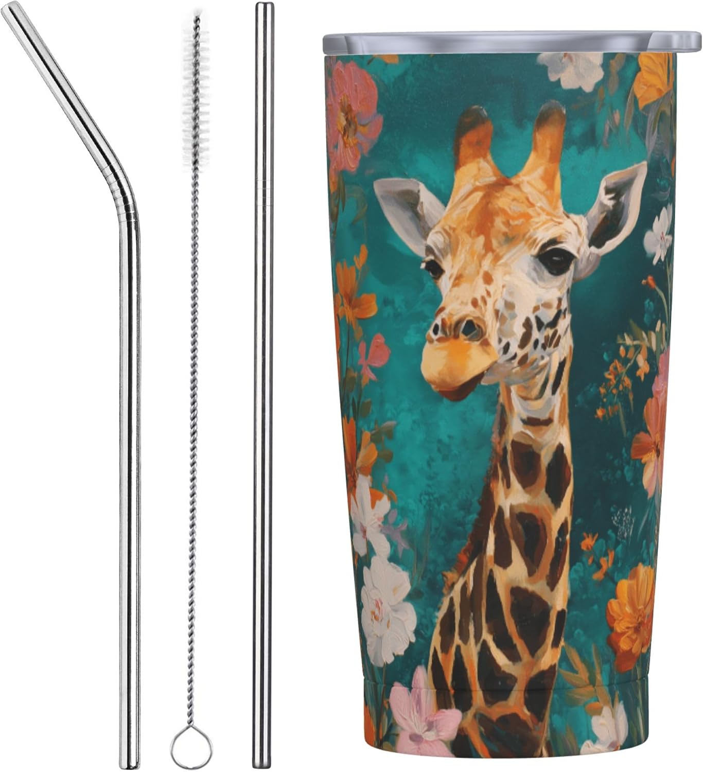Giraffe Tumbler with Lid and Straw 20oz Insulated Reusable Stainless Steel Travel Mug Double Wall Vacuum Coffee Cup for Hot Cold Drinks Leak-Proof Portable Cups for Women Men Gifts