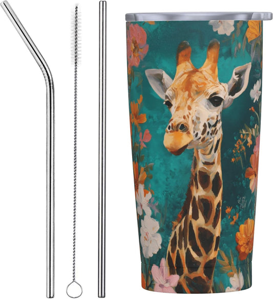 Giraffe Tumbler with Lid and Straw 20oz Insulated Reusable Stainless Steel Travel Mug Double Wall Vacuum Coffee Cup for Hot Cold Drinks Leak-Proof Portable Cups for Women Men Gifts