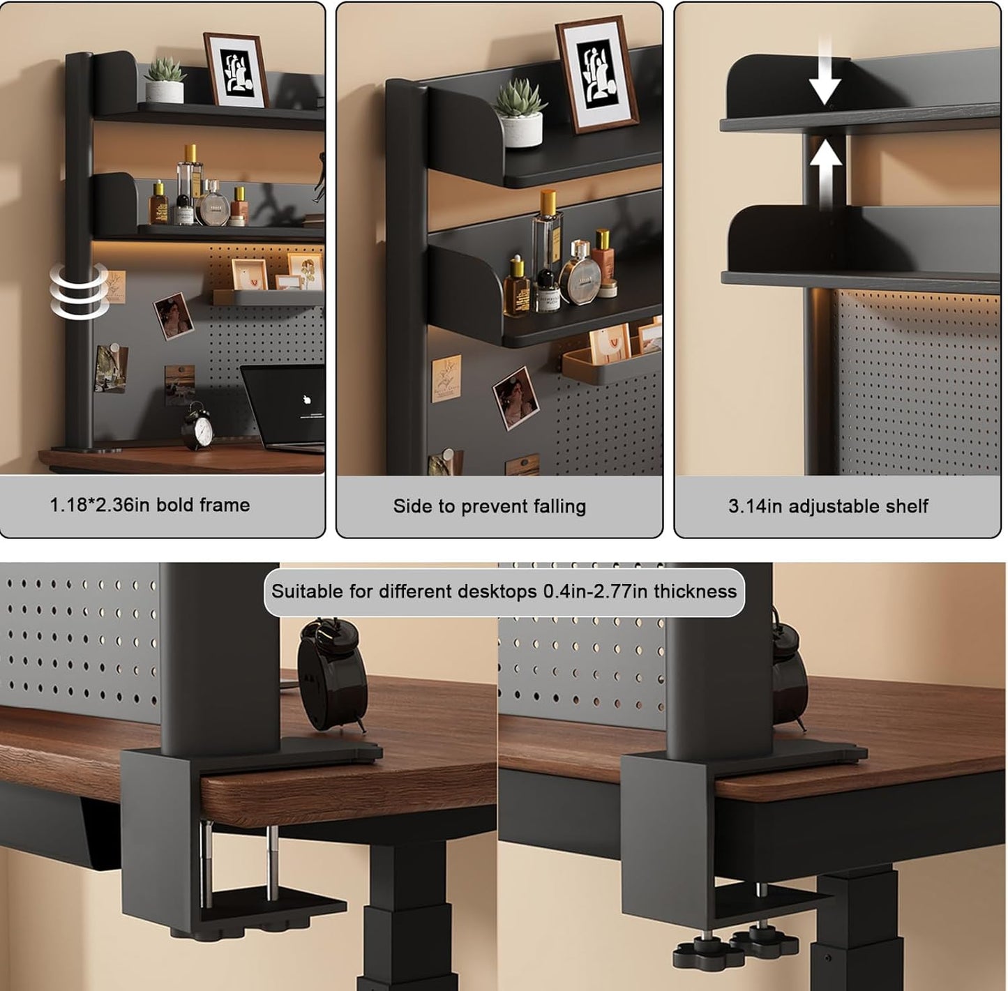 Clamp on Desk Shelf with Pegboard, Black Desktop Bookshelf Organizer Storage Shelves for Home Office Dorm Gaming Desk, Space Saving Tabletop Display Rack Organization (Black, 31.4in)