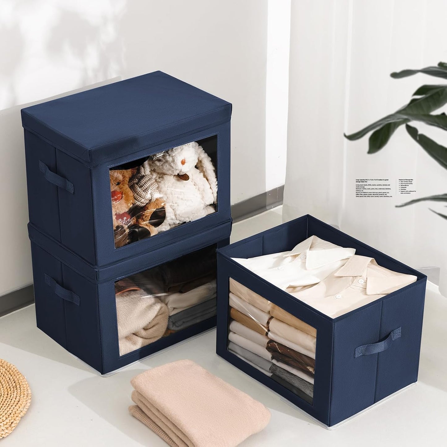 Stackable Storage Bins with Lids - Large Decorative Basket with Lids, Fabric Foldable Closet Organizer Bins, Shelf Organizer for Living Room, Dorm, 5 Pack, Navy Blue