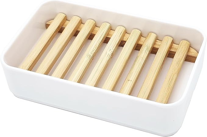 Soap Dish Holder, Bamboo Self-Draining Soap Box, Soap Dishes Holder for Shower, Bathroom, Kitchen, Bathtub, Bar Sink (White, 1 Pack)