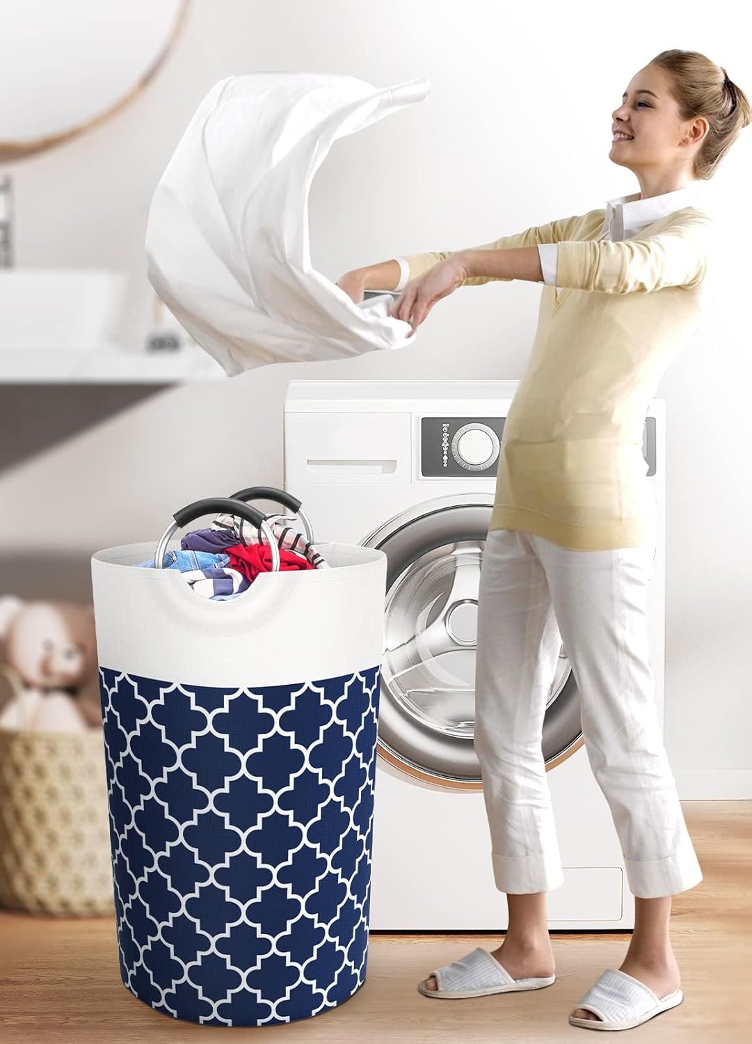 Large Laundry Basket Laundry Hamper Bag Washing Bin Clothes Bag Collapsible Tall With Handles Waterproof Travel Bathroom College Essentials Storage For College Dorm, Family (Blue)82L