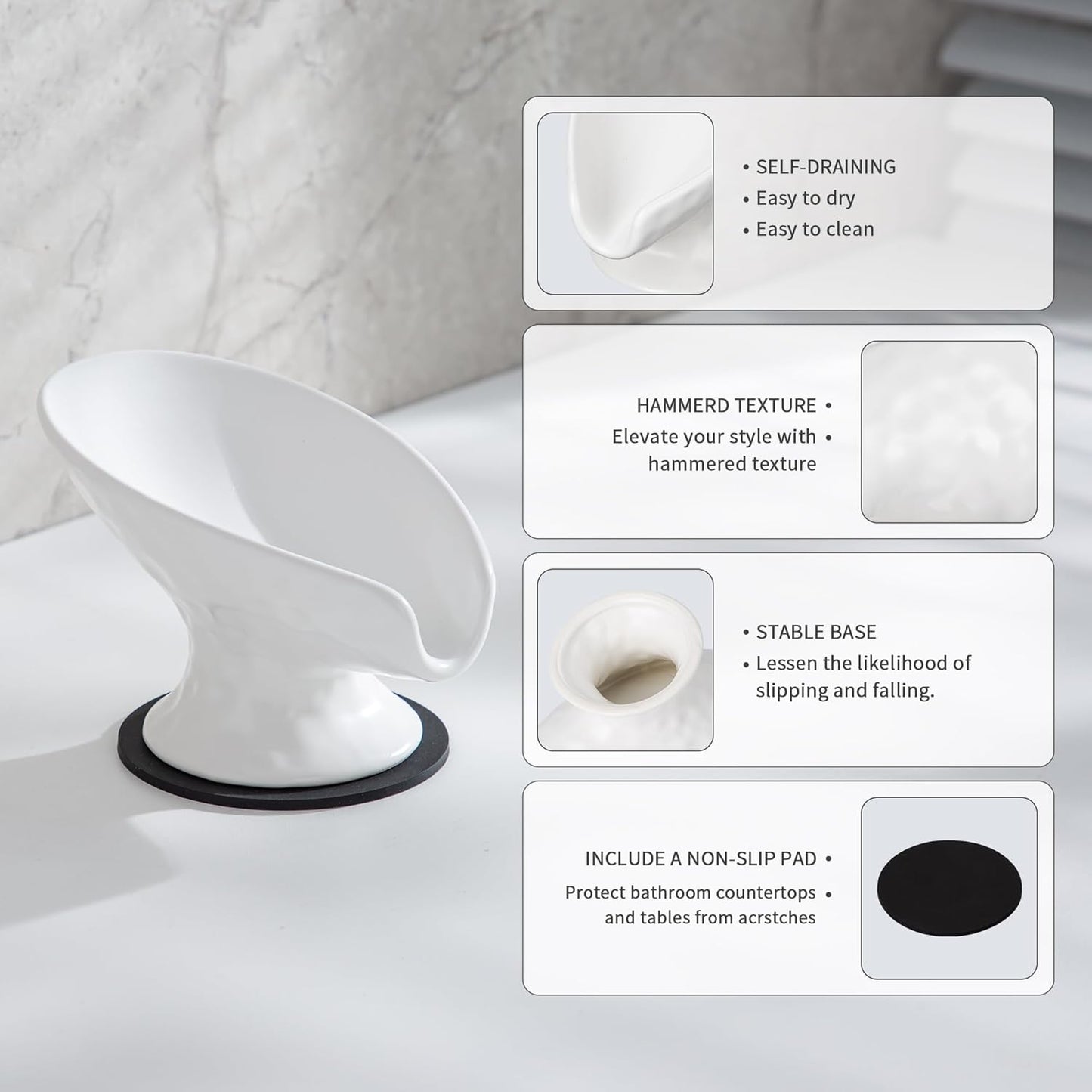 Self Draining Soap Dish,Soap Dish for Shower,White Ceramic Soap Holder for Bathroom Kitchen Shower Keeps Soap Dry, Easy to Clean(Matte White)