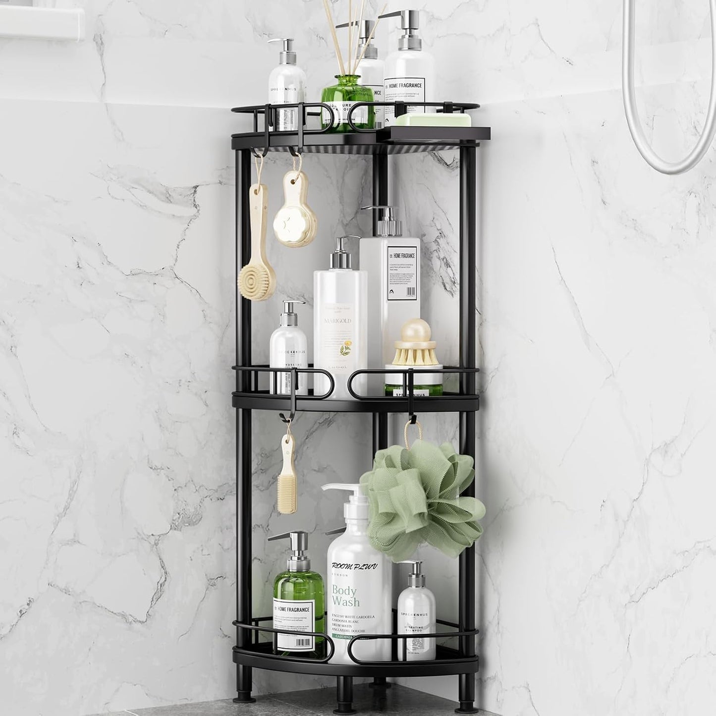 SWTYMIKI Corner Shower Caddy Standing - 3 Tier Rustproof Metal Shower Organizer Stand with Soap Holder and 4 Hooks, Freestanding Floor Shower Storage Stands for Bathroom, Black