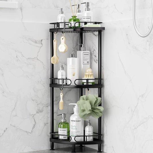 SWTYMIKI Corner Shower Caddy Standing - 3 Tier Rustproof Metal Shower Organizer Stand with Soap Holder and 4 Hooks, Freestanding Floor Shower Storage Stands for Bathroom, Black