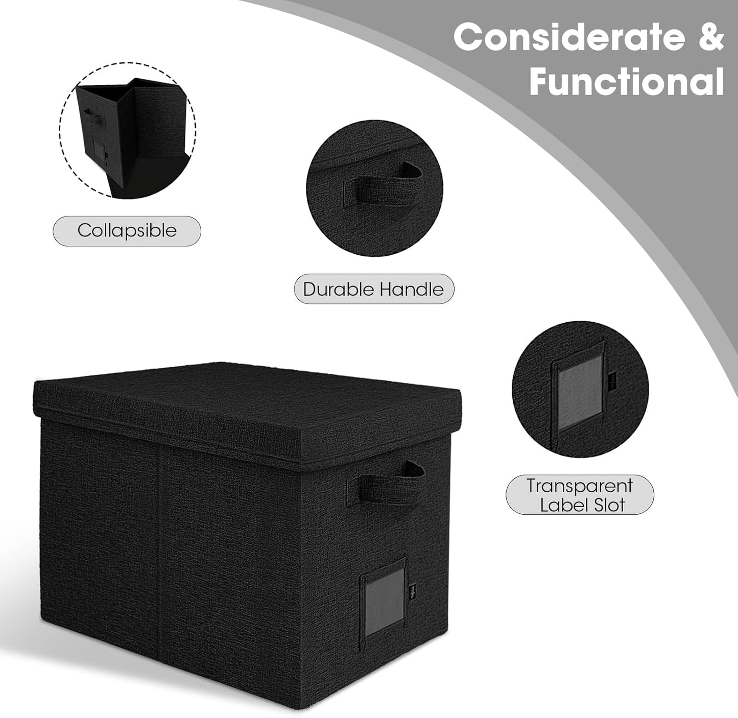 File Organizer Boxes with Lid, Linen Hanging File Storage Boxes with Handle, Collapsible Document Filling Boxes for Letter/Legal Folder, Portable File Box for Office/Decor/Home (2 Pack, Black)