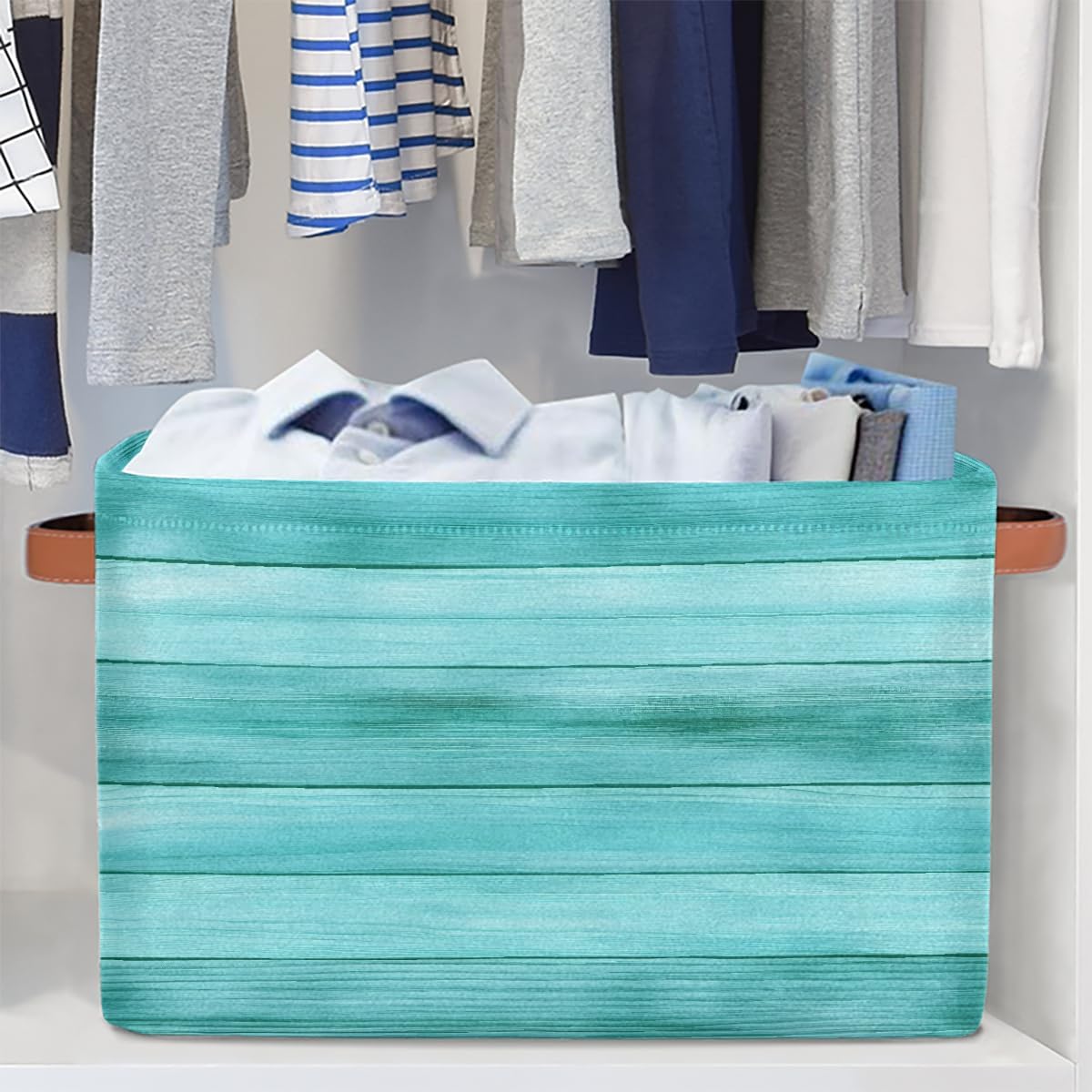Watercolor Wooden Storage Basket for Shelves, Storage Bins with Handles, Collapsible Basket for Organizing, Closet Toy Baskets for Nursery Room, 15x11x9.5 in, Canvas, Mint Green