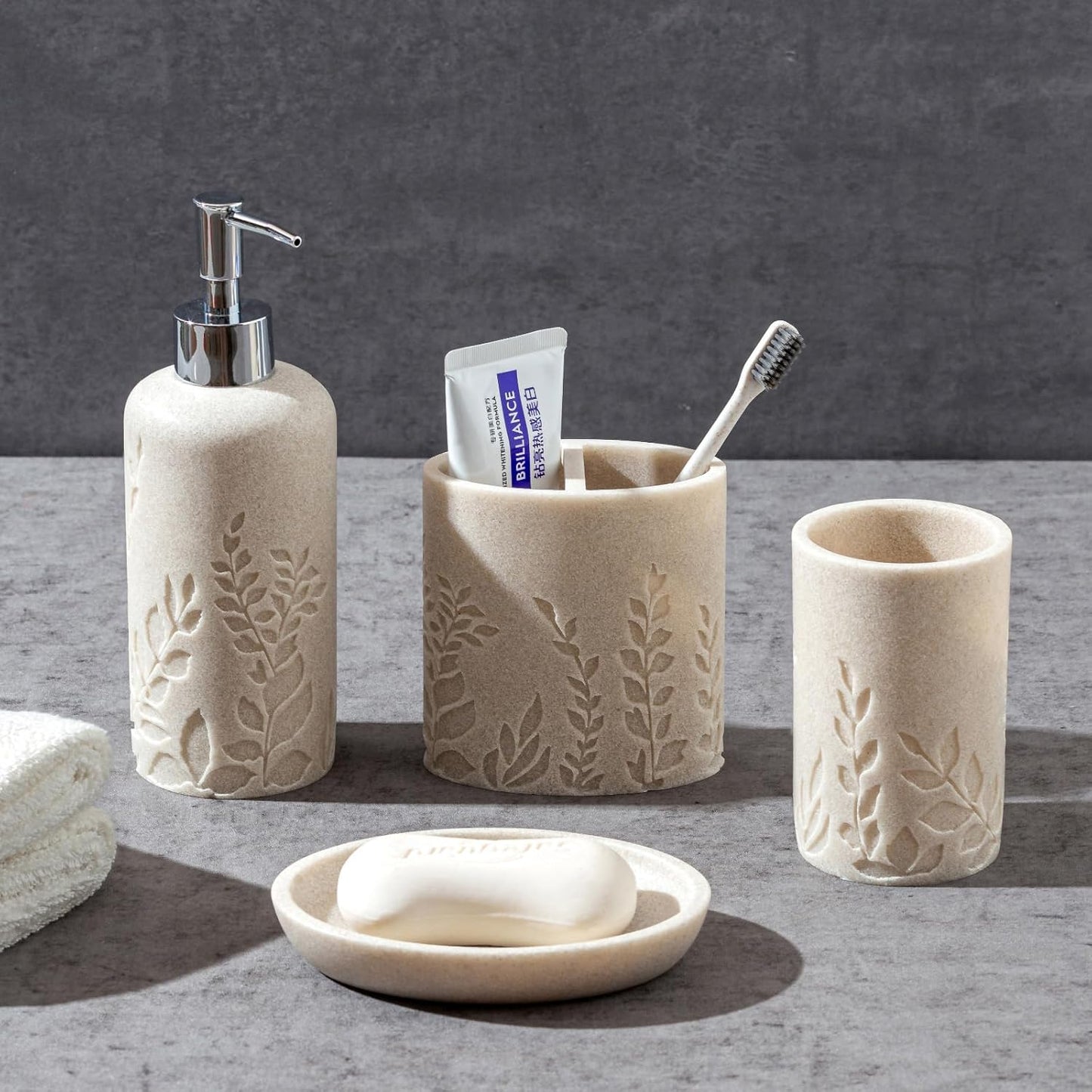 Bathroom Accessories Set, 4 PCS Bathroom Accessory Sets with Soap Dispenser 13 OZ, Toothbrush Holder, Tumbler, Soap Dish, Bathroom Countertop Organizer, Sea Bathroom Decor (Leaf Beach)