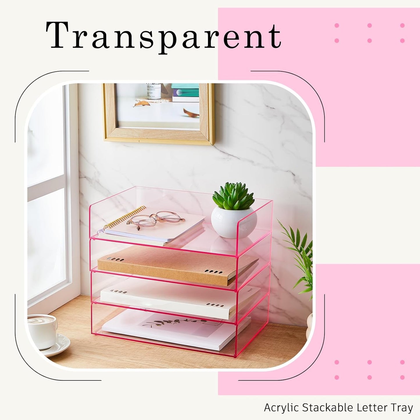 Harloon 4 Tier Acrylic Paper Tray Paper Organizer for Desk Clear File Organizer 12. 4 x 8. 7 x 2. 7 Inches File Tray for Office Workspace Desktop Storage, No Need to Assemble (Transparent Pink)