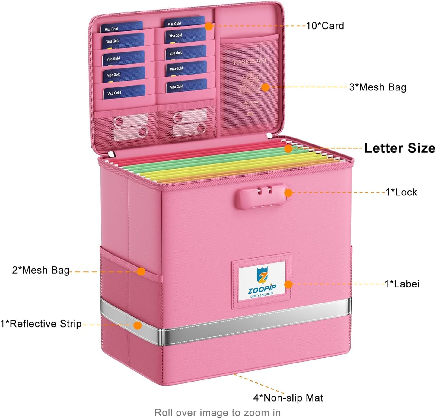 Fireproof File Box with Lock, Document Box Storage Organizer, Suitable for Hanging File Folders in Letter Size, Collapsible File Box, Reflective Strip for Fast Find (12.2"*6"*10.2, Pink)