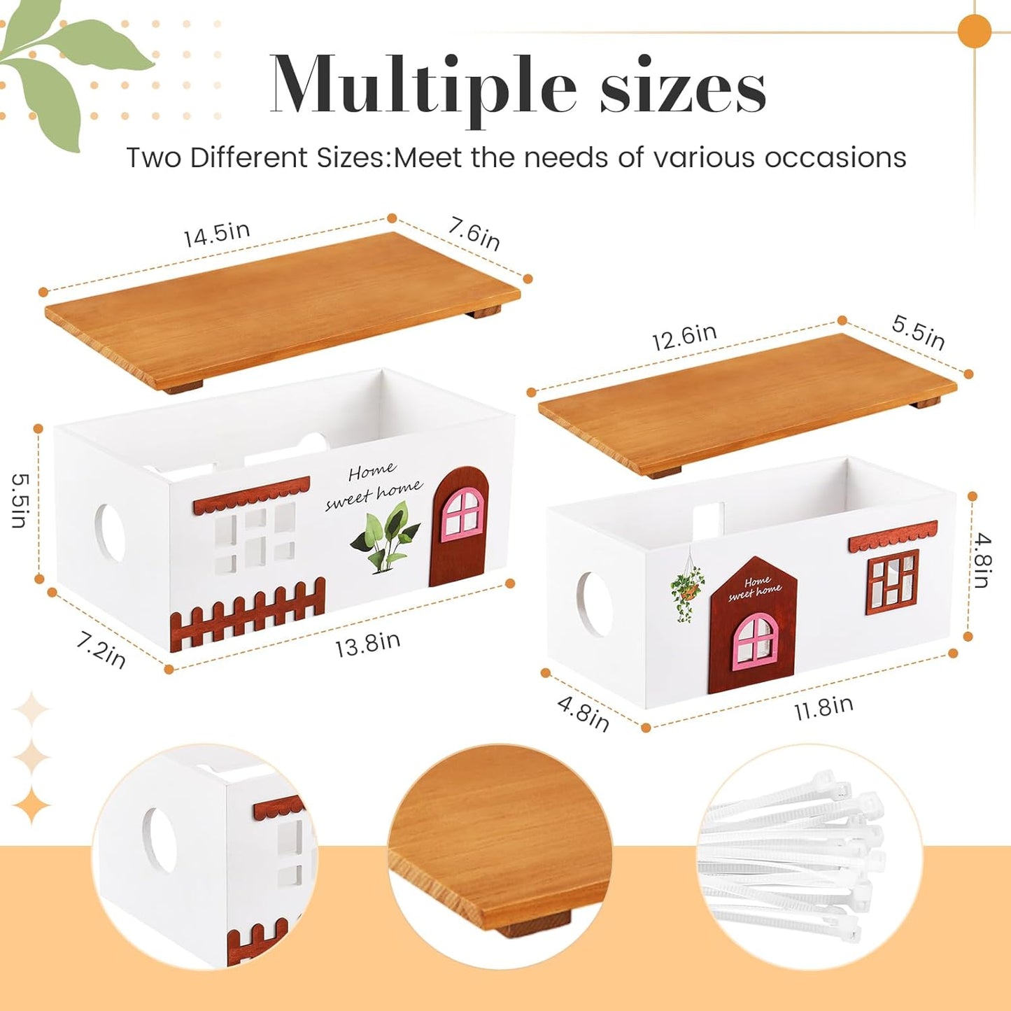 2 Set Cable Management Box Wooden Medium & Large Cord Organizer and Box for TV Computer Wire USB Hub System, Surge Protector Cord Hider on Desk or Floor