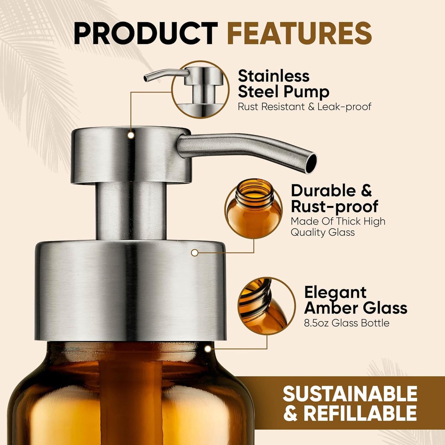 8.5oz Amber Glass Liquid Soap Dispenser - Refillable Pump Dispenser for Kitchen Sink & Bathroom Set - 2-Pack Stainless Steel - Ideal for Liquid Soap, Dish Soap & Hand Soap Essentials