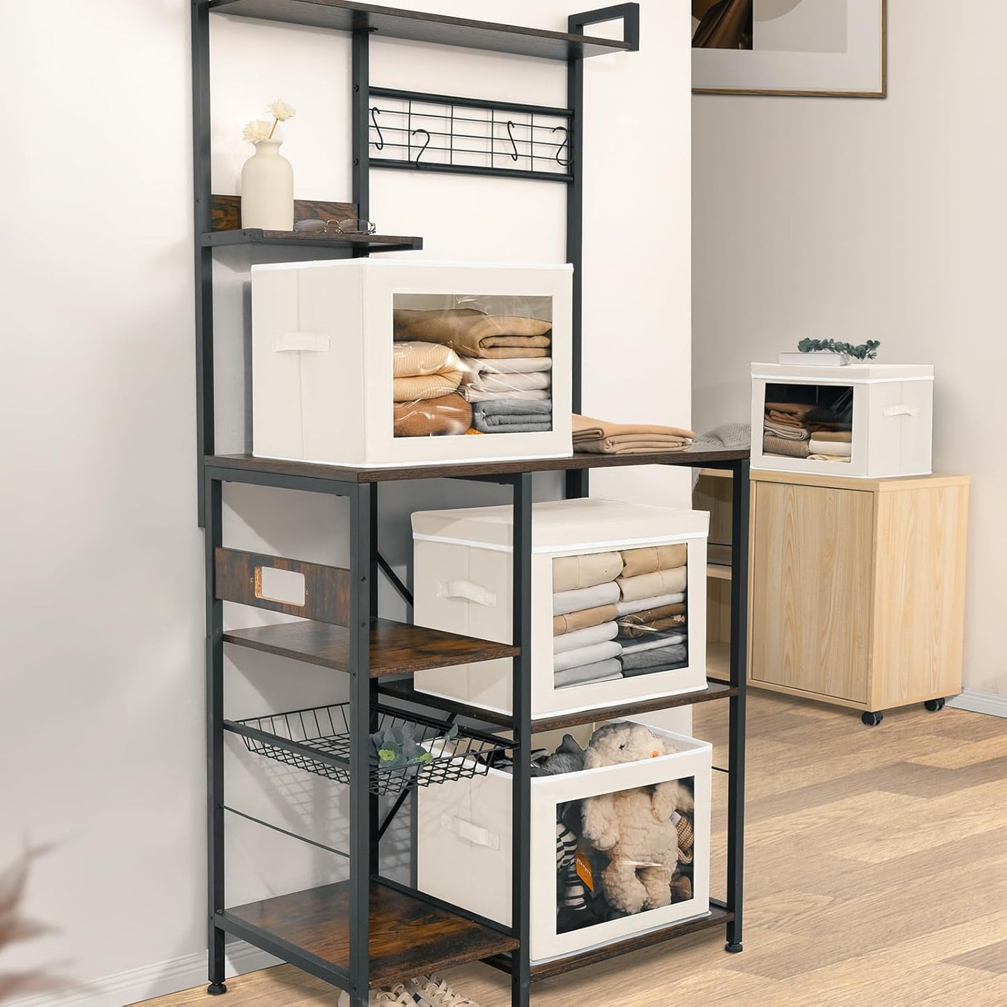 Fabric Storage Bins with Lids, Decorative Storage Boxes, Closet Storage Bins with Window, Storage Baskets for Closet, Closet Organizers for Towel, Clothes, Beige, 4-Pack