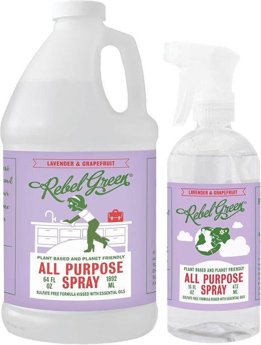 Rebel Green Natural 16 oz All-Purpose Cleaning Spray with 64 oz Refill Bottle - Plant-Based Multi-Surface Cleaner for Kitchen, Bath, Countertops and More - Lavender & Grapefruit Scent