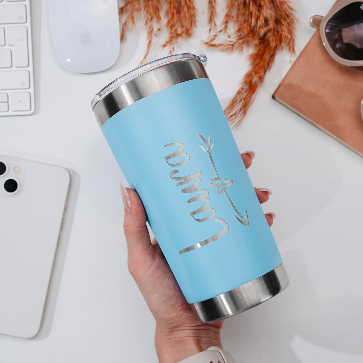 Be Burgundy Personalized Tumbler with Engraved Name - 12 Designs, 30 Oz Coffee Tumbler with Slider Lid, Sky Blue, Double Wall Insulated - Gift for Men, Women, Personalized Gift for Him, Her
