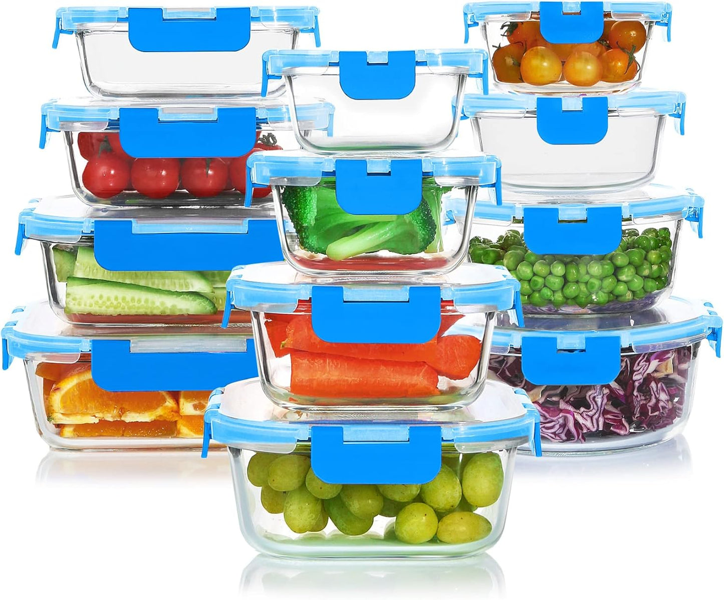 KOMUEE 24 Pieces Glass Food Storage Containers Set,Glass Meal Prep Containers-Stackable Airtight Glass Storage Containers with lids,Freezer, Microwave, Oven Safe,Blue