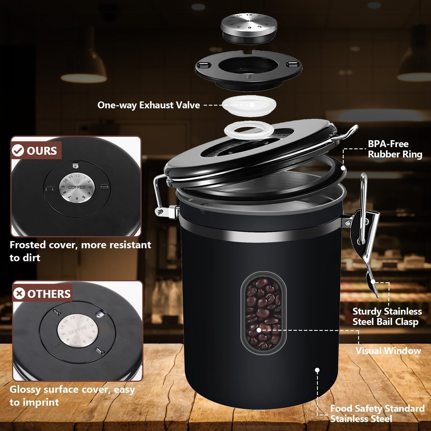 ROCKY&CHAO 2800ML Coffee Canister with Date Tracker&Transparent Window, 35OZ Coffee Container with 30ML Measure Spoon&4 co2 Valve, Coffee Bean Storage Container for Grounds Coffee, Beans, Tea(Black)