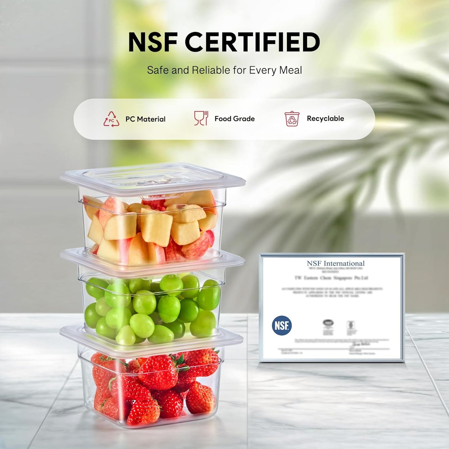 WILPREP 6 Pack Plastic Food Pans with Lids NSF Listed, 1/6 Size 4 in Deep Clear Food Storage Containers, 1.8 qt Stackable Polycarbonate Commercial Hotel for Fruits Vegetables Beans Corns