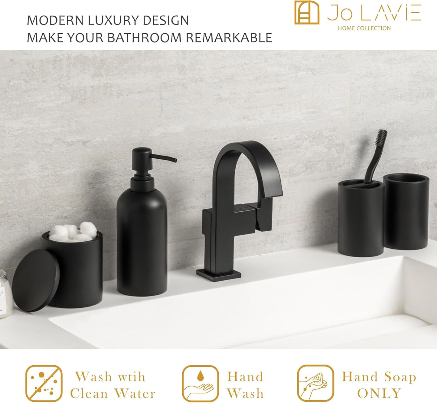 Bathroom Accessory Set - 4 Pcs Matte Black Bathroom Set with Toothbrush Holder, Soap Dispenser, Tumbler & Cotton Swab Jar - Bathroom Vanity Countertop Organizer, Bathroom Decor Sets