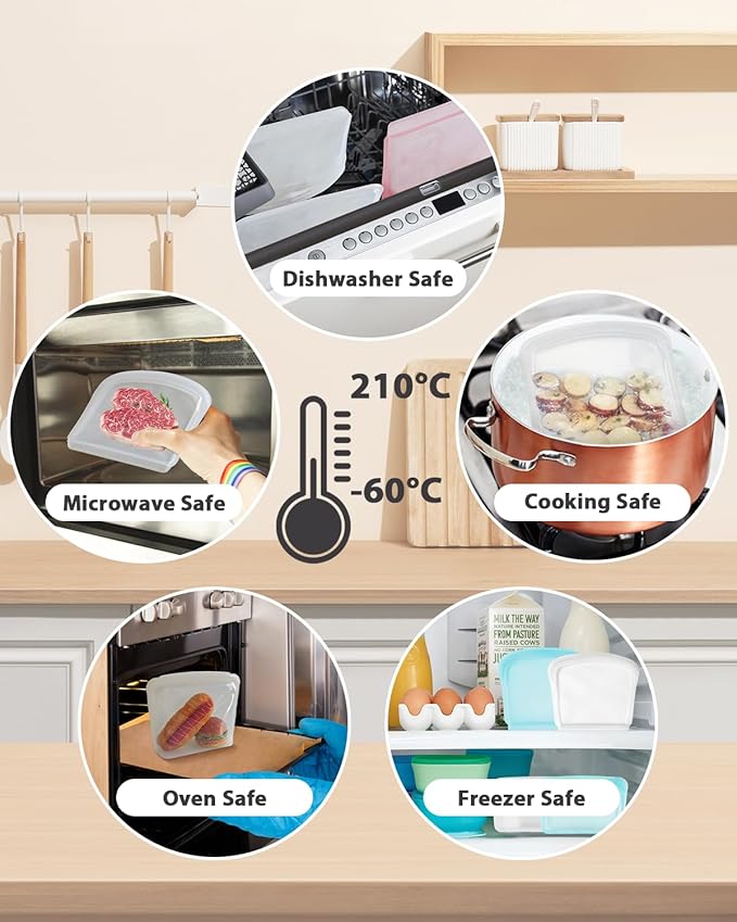 Reusable Silicone Storage Bag, 6Pack Pocket, Snack, and Sandwich Bag, Endurables Seal-Top Silicone Bags for Food Storage, Freezer, Microwave, Oven, Dishwasher Safe (Clear & Rose Quartz)