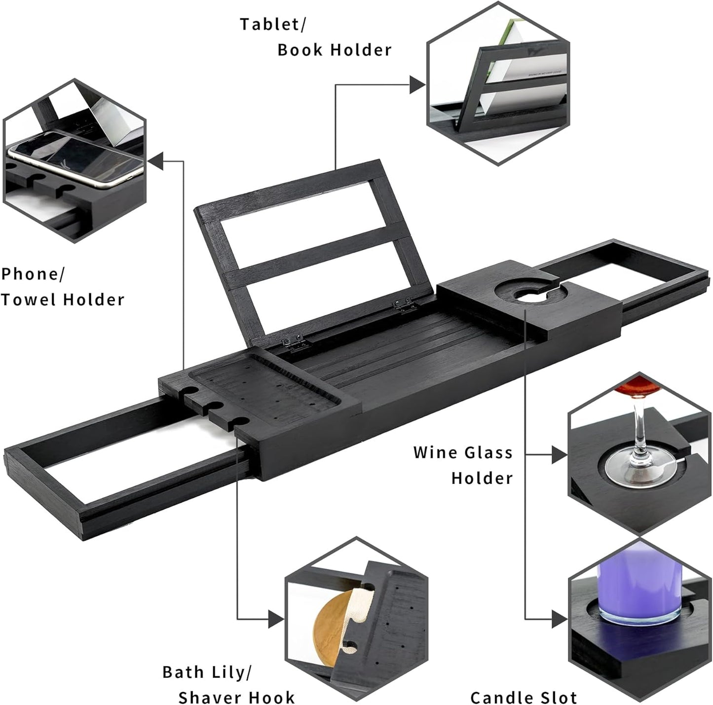Utoplike Bamboo Bathtub Tray Black, Adjustable Bath Caddy Table for Tub, Bathroom Organizer with Book Tablet Wine Glass Cup Towel Holder