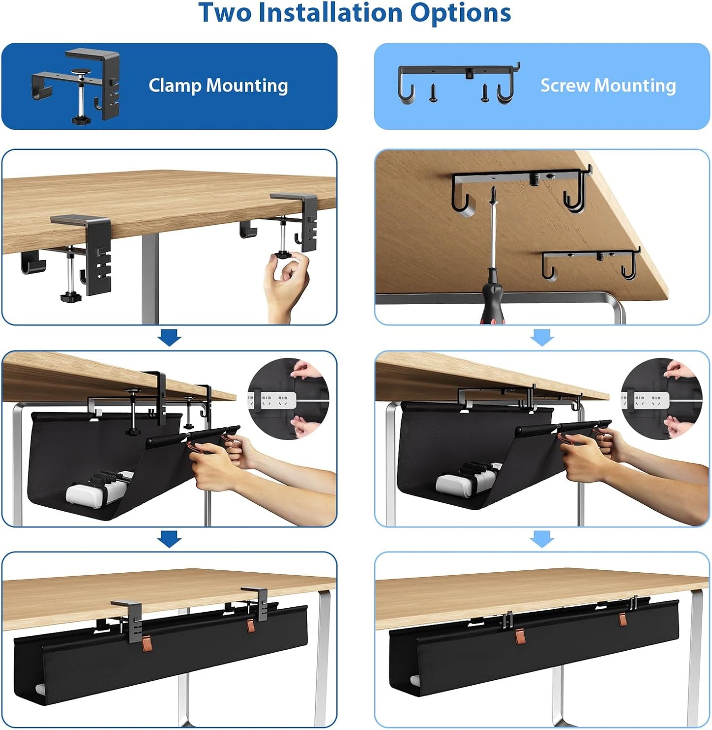 Zilink Under Desk Cable Management Tray, 30-Inch No Drill Clamp Mount Cable Organizer, Wire Organizer Tray for Office Home, Black