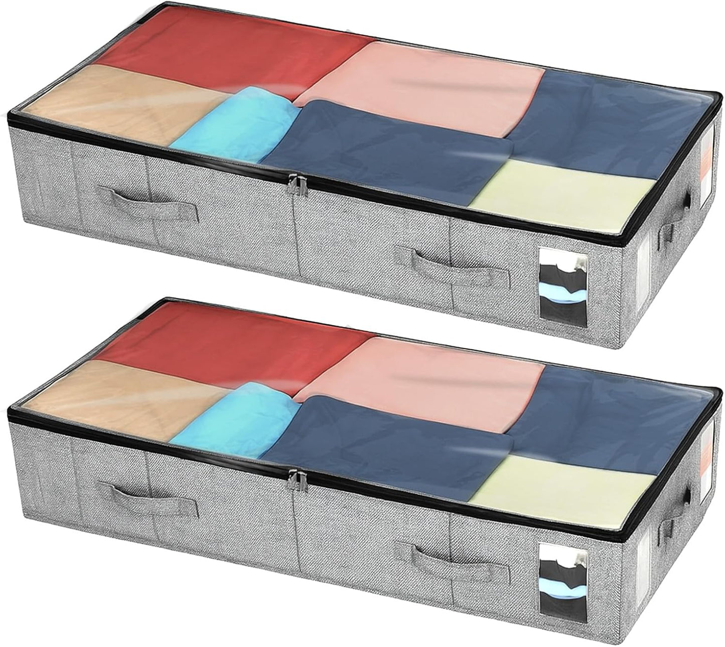 2 Pack Under Bed Storage Bags, Blanket Storage Bag with Clear Window & 4 Handles, 33.4x16.5x6.3 in Comforter Bag Foldable Fabric Organizer for Blankets, Comforters, Clothes, Grey