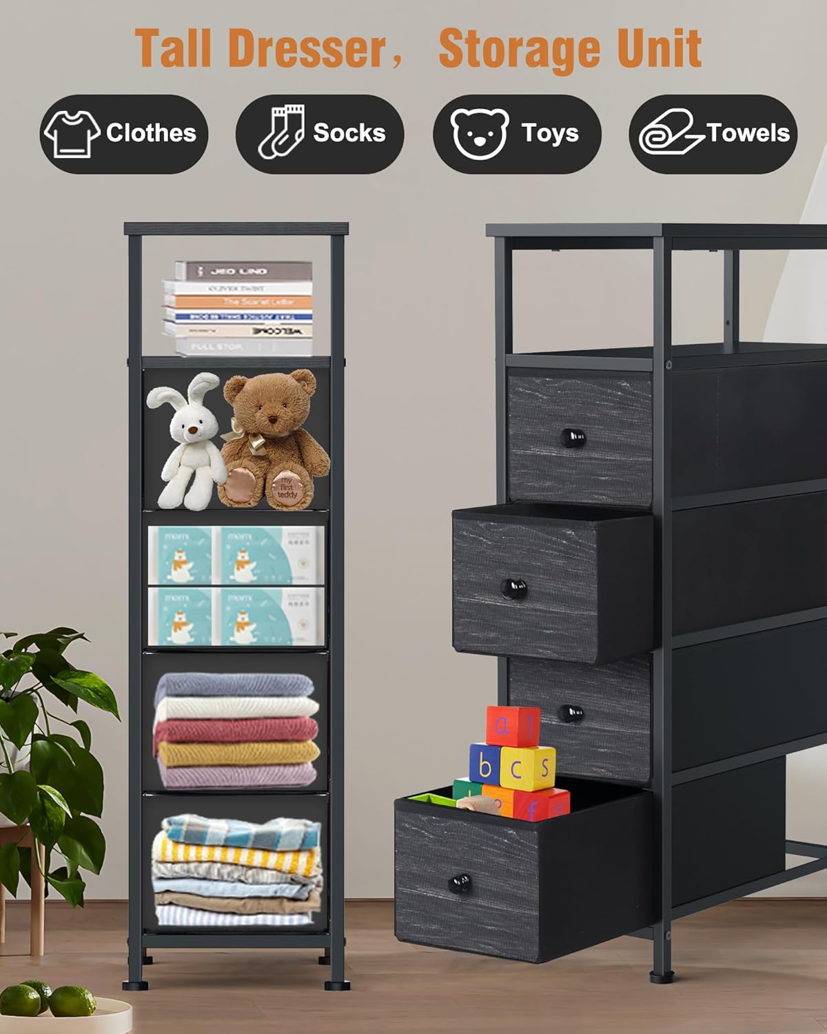 Narrow Dresser for Bedroom, Fabric Tall Dresser & Chests of Drawers with 4 Drawers, Vertical Organizer Storage Tower Unit for Bedroom, Hallway, Entryway Black Wood Grain