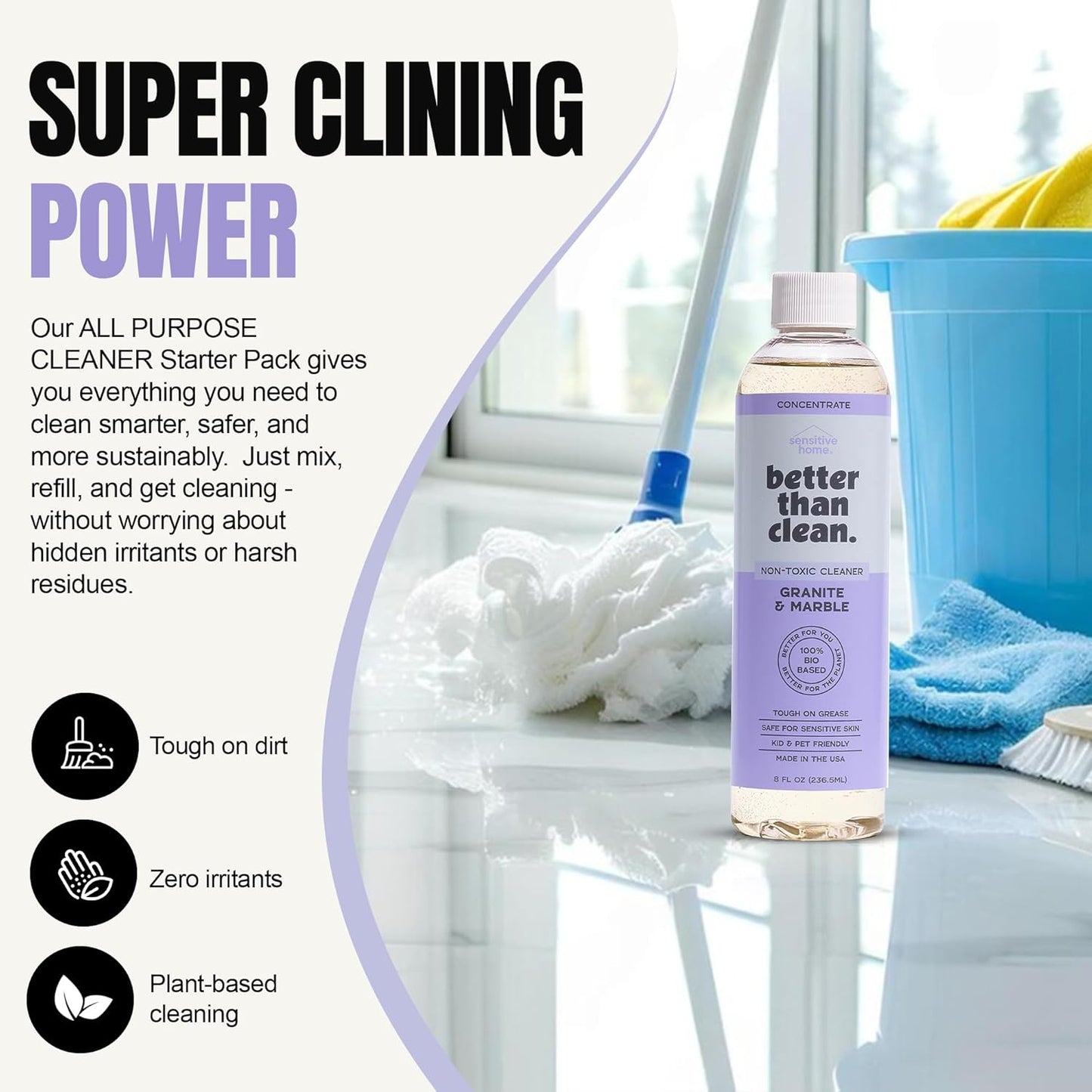 Marble & Granite Cleaner Concentrate - Plant-Based, Non-Toxic, Fragrance Free Cleaning Products - Slate, Marble, and Natural Stone Cleaner, – 8oz Makes 4 Bottles