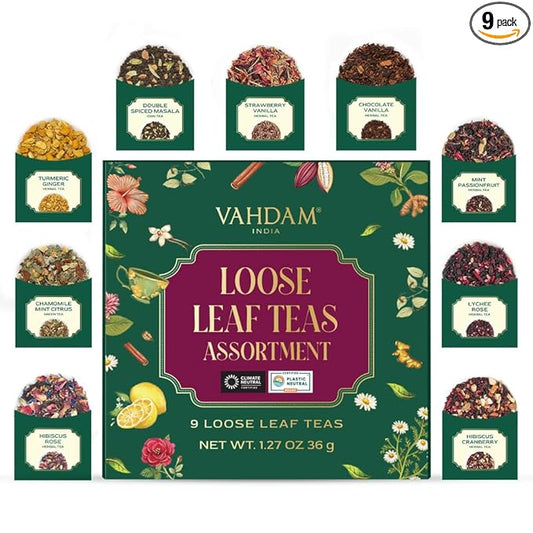 VAHDAM Top 9 Exotic Loose Leaf Herbal Tea Sampler (18+ cups) | No Caffeine | Floral & Fruity Blends with Delicious Taste | Hot & Iced | Perfect for Gifting & Regular Consumption