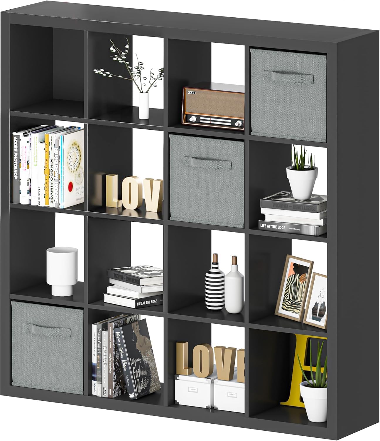 furtble Bookshelf with Storage Bins, 16-Cube Storage Organizer with Back Panels, Modern Wood Open Bookcase, Multifunctional Display Shelf for Living Room, Bedroom, Home Office, Black