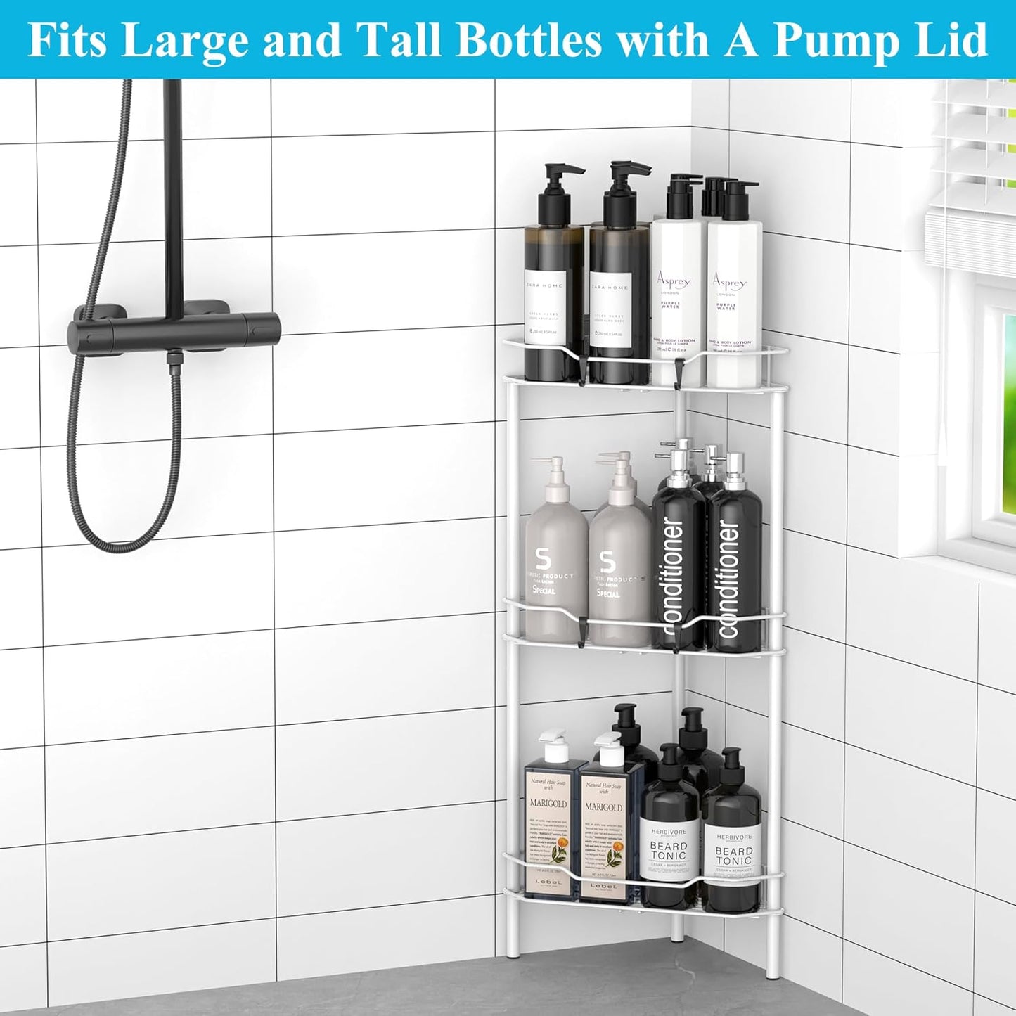 3 Tier Floor Standing Corner Shower Caddy Organizer Shelf with Hooks, Bathroom Shelves Stand Rack, White