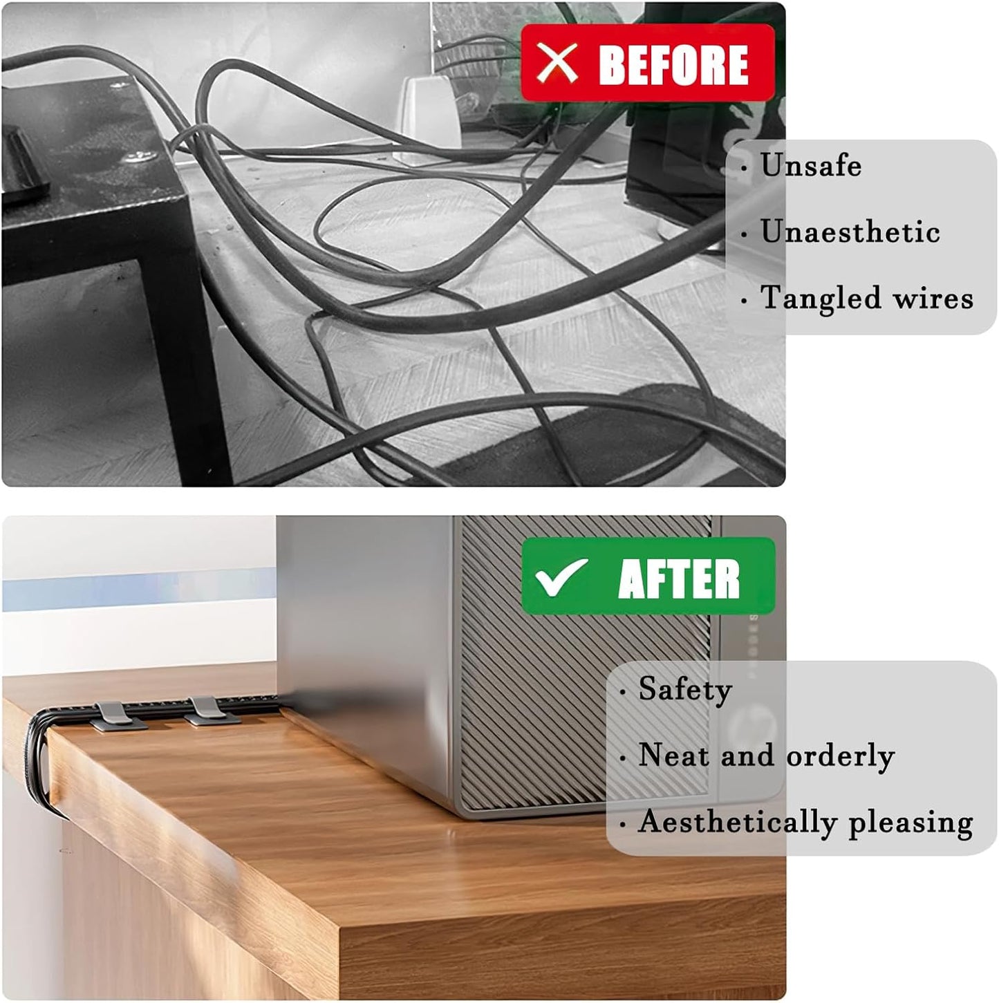 80PCS Hook and Loop Cable Ties, Hook and Loop Cable Straps, Under Desk Cable Management, Adhesive Cable Clips, Sticky-Back Cord Organizer for Desk, Household & Office Organization (Black+Gray)