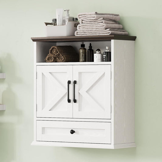 Bathroom Wall Cabinet, Wall Mounted Medicine Cabinet with Drawer, Barn Doors & Adjustable Shelf, 24.4"H x 23.6"W x 9"D White Over Toilet Farmhouse Storage Cabinet for Kitchen, Laundry Room, Entryway