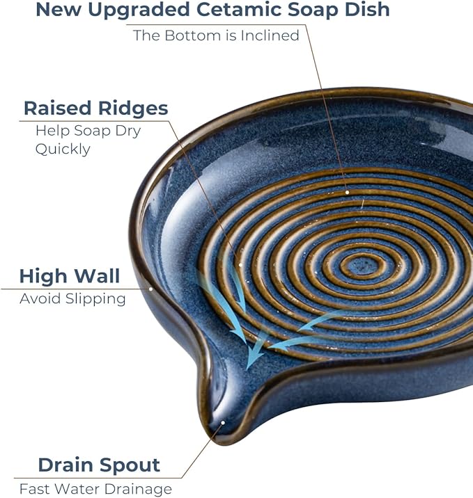 Soap Dishes, Ceramic Shower Soap Dish with Waterfall Design Bar Soap Holder Self Draining Soap Saver for Shower, Bathroom, Sink, Kitchen and Countertop, Blue