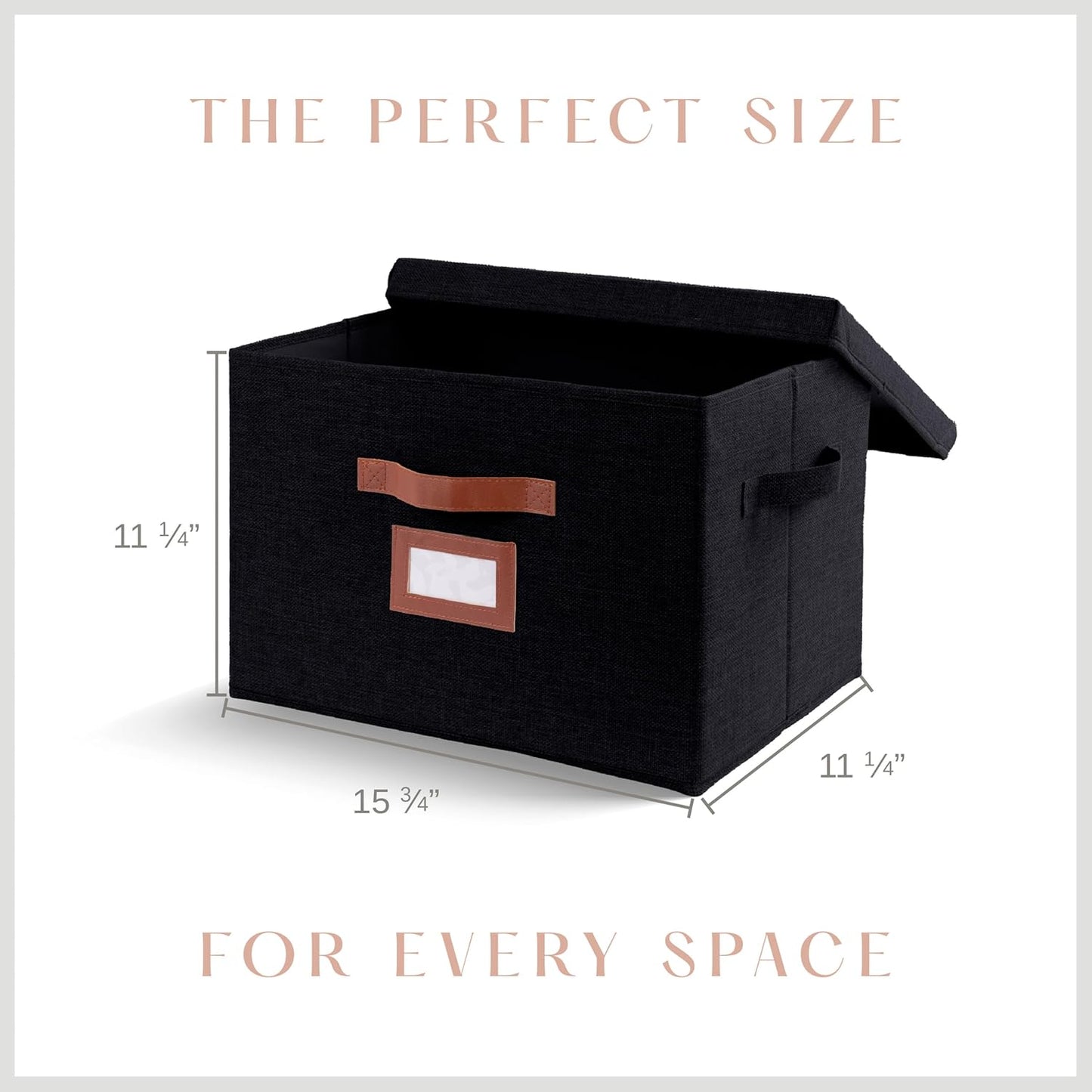 3 Pack Large Fabric Storage Box with Lid - Decorative Bin with Lid, Label Holder, Faux Handles - Large Decorative Storage Boxes with Lids for Organizing Clothes, Blankets - Black