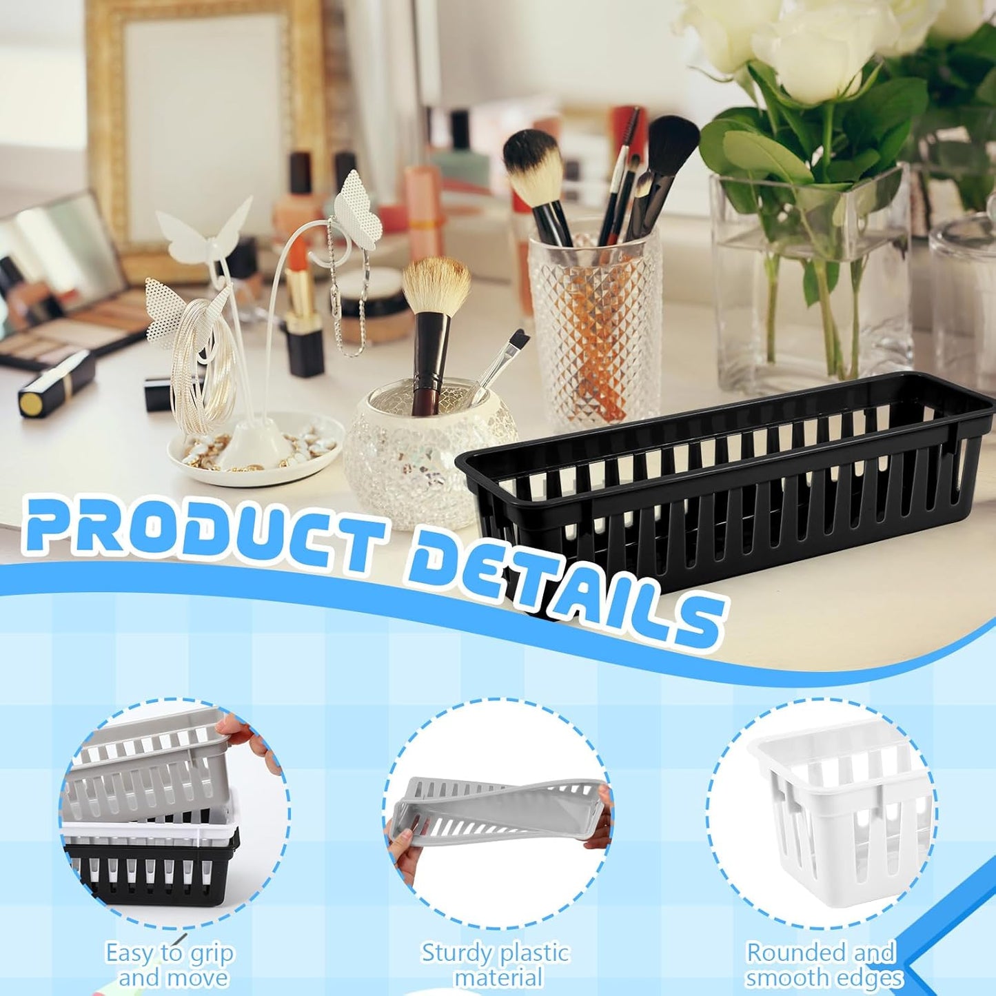 6 Pcs Black,White,Gray Slim Plastic Storage Baskets Tray 10 x 3 x 2.5 Inch Compact Stackable Desk Organizer for Office, Classroom, School Supplies, and Home Storage, Organization(Black,White,Gray)