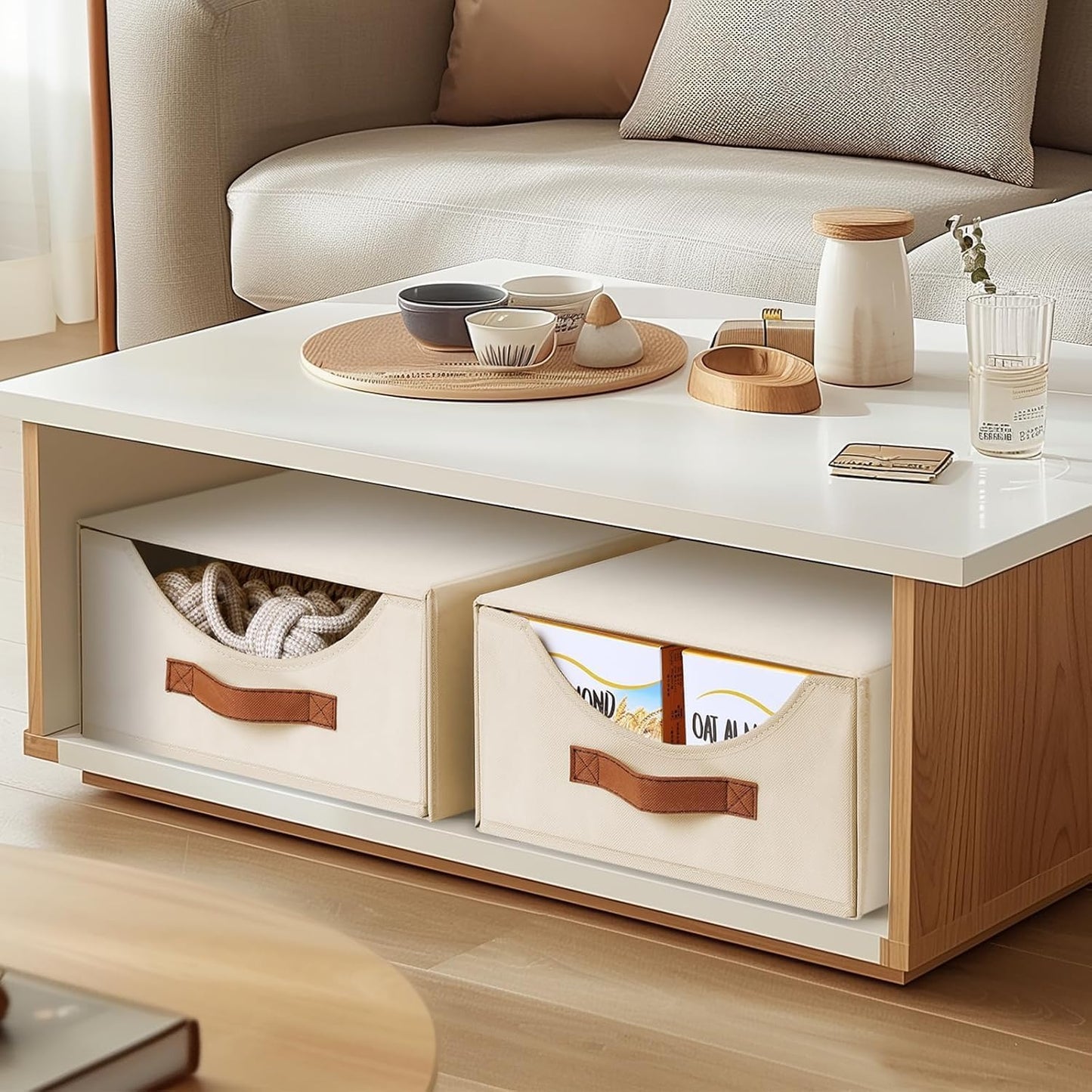 Closet Organizers and Storage - Large Stackable Storage Bins with Drawer, Fabric Bins for Organization, Collapsible Drawer Organizer Clothes for Bedroom, Living Room, 4 Pack, Beige