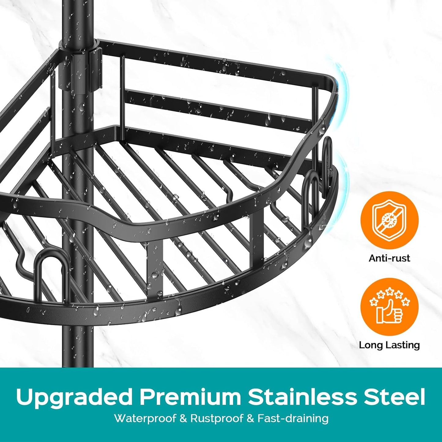 HAMITOR Corner Shower Caddy Tension Pole: Rustproof Stable 4-Tier Bathroom Organizer Shelves for Bathtub Shampoo Storage - 47-121 Inch Quick Install Adjustable Standing Rack with Soap Rack - Black