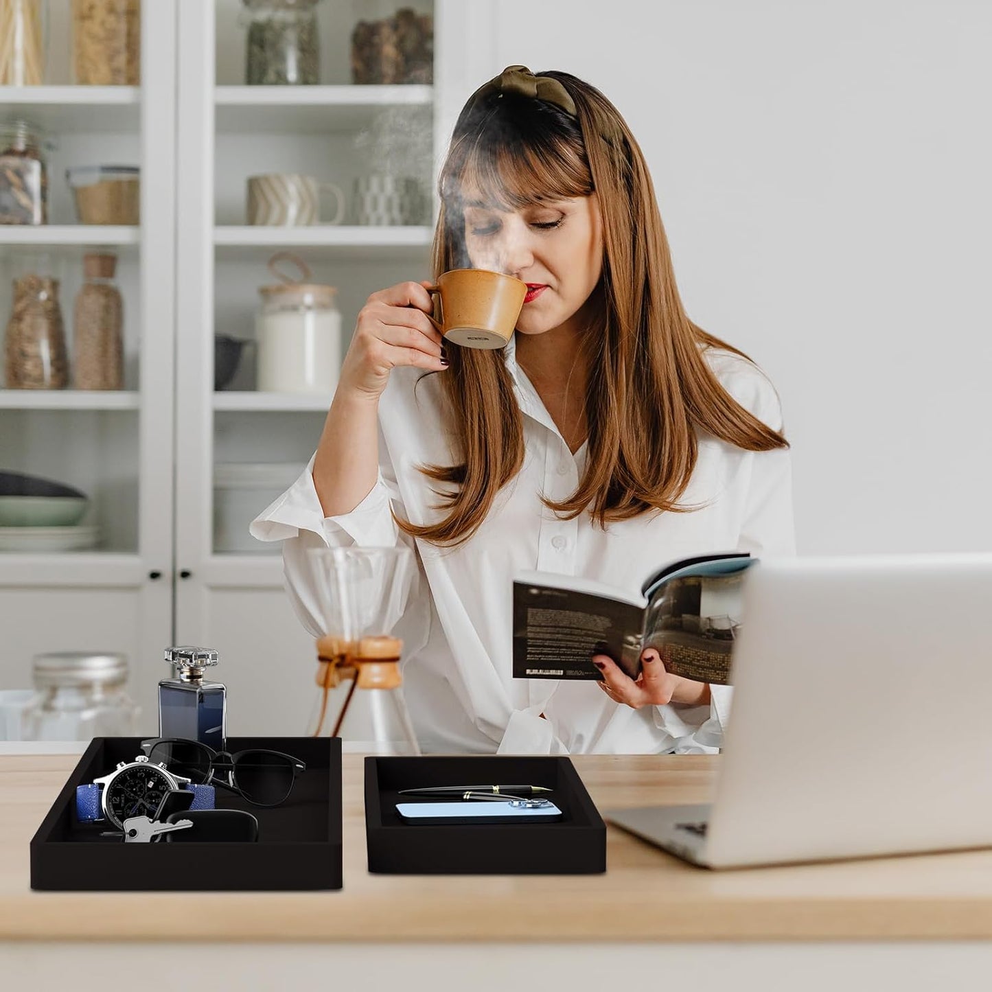 BBK Bathroom Vanity Tray- 2 Pack (7.8'' and 11.8'') Silicone Bathroom Tray for Counter, Perfume Key Trinket Ring Tray, Decor Soap Dispenser Countertop Tray for Kitchen Sink Organization.(Black) (VT2)