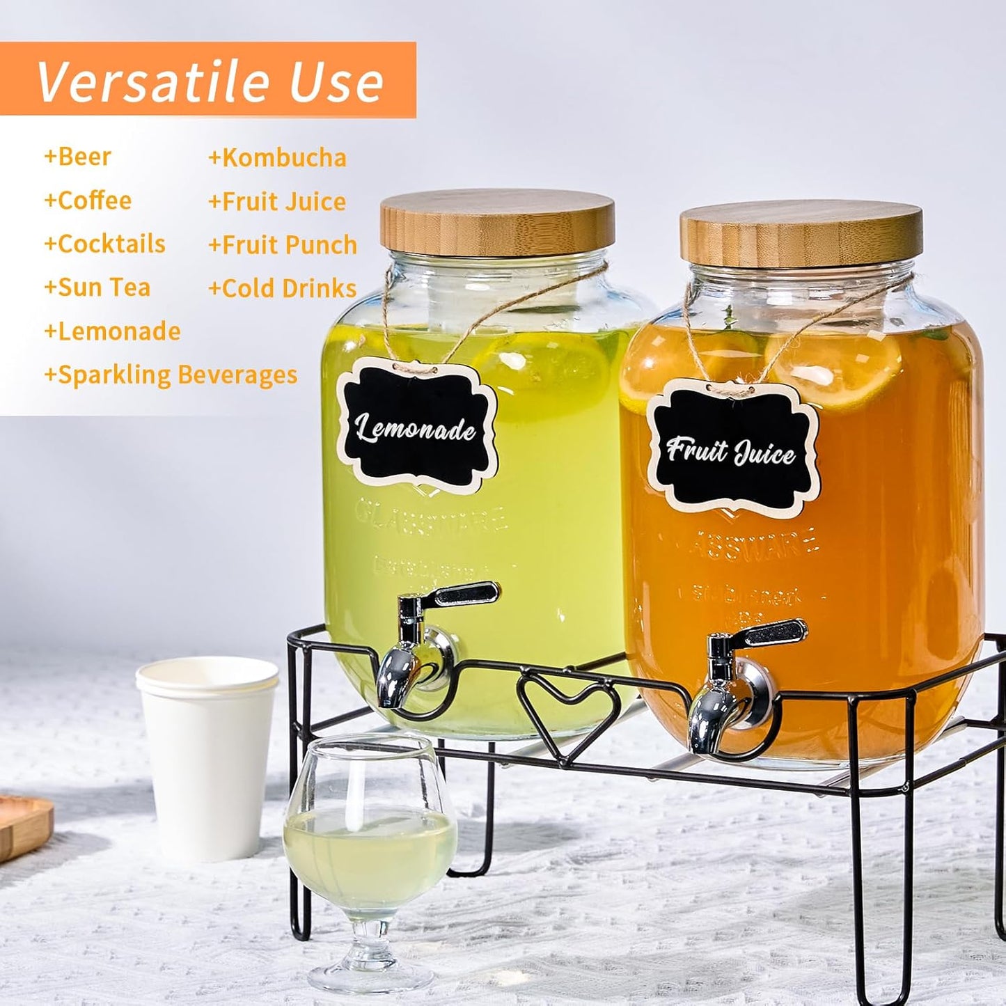 2 Pack1Gallon Glass Drink Dispensers with Stand&Bamboo Lids&Fruit Infuser,304 Stainless Steel Leak-Proof Spigot,Beverage Dispenser for Parties,Water Sangria Juice Sun Tea Lemonade(Natural)